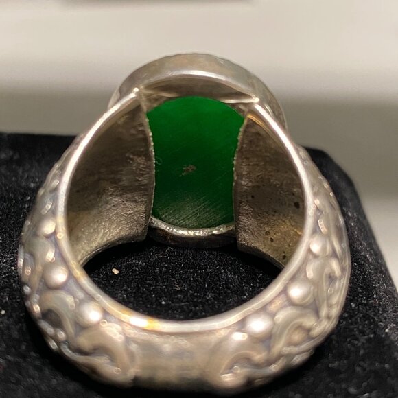 Ring Jade Size 8 Vintage Relief Design Jewelry Sterling Silver Tested - Picture 6 of 13